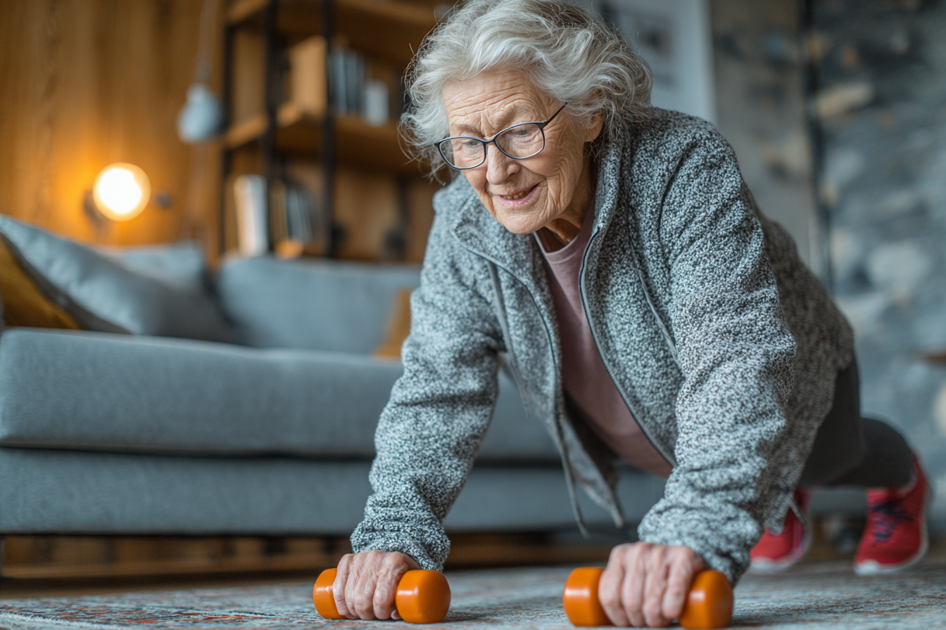 Професійний тренер працює з групою активних людей старшого віку в сучасній студії